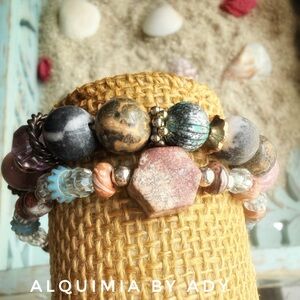 CURATED DUO Pink, Turquoise  Brown Layered Gemstone Stretch Bracelets STACK